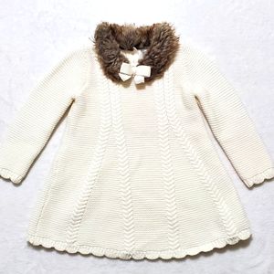 Tahari Baby White Sweater Dress Fur Neck  18M